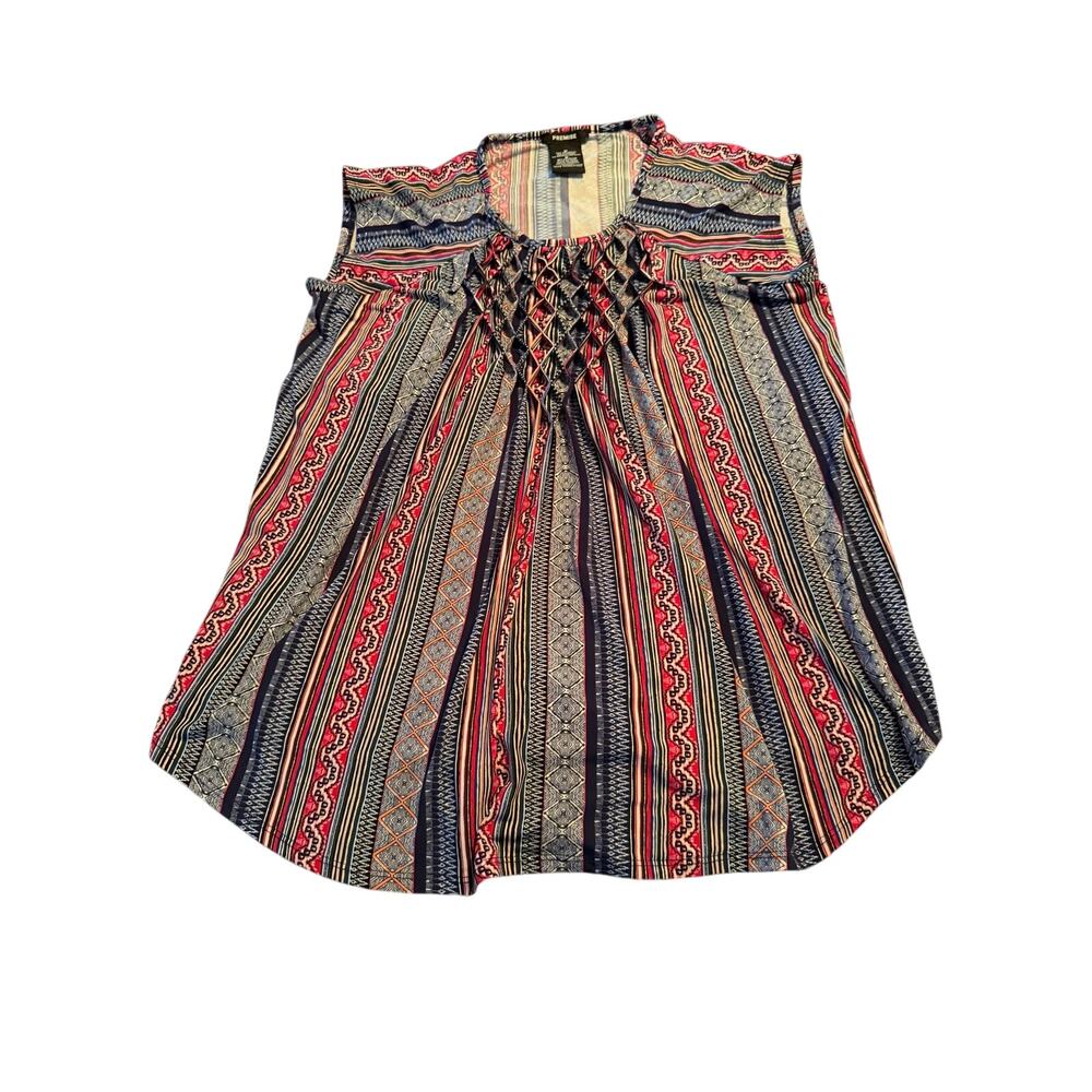 Premise Cap Sleeve Blouse Women’s Med Boho Tribal Stripe Print Pleated Front Top